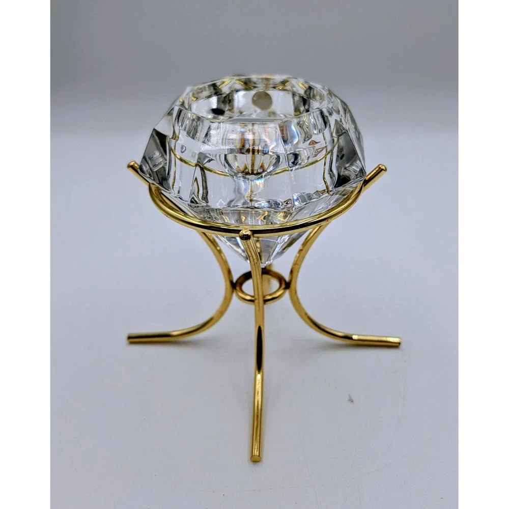 Bleikristall 24% Lead Crystal Diamond Candle Holder Germany Gold Tone Stand